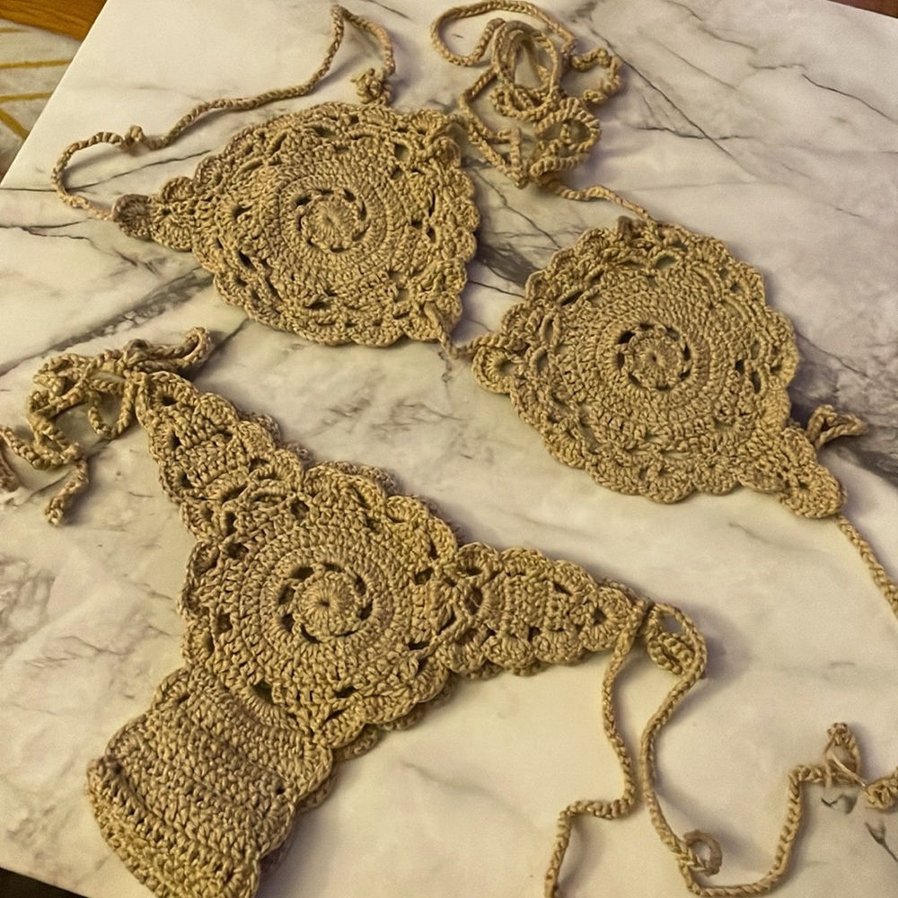 Tan and Brown Crochet Bikini with Intricate Lacework